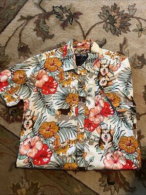 Hot Topic Men's Cream Hawaiian Shirt with Floral & Corgi Print medium